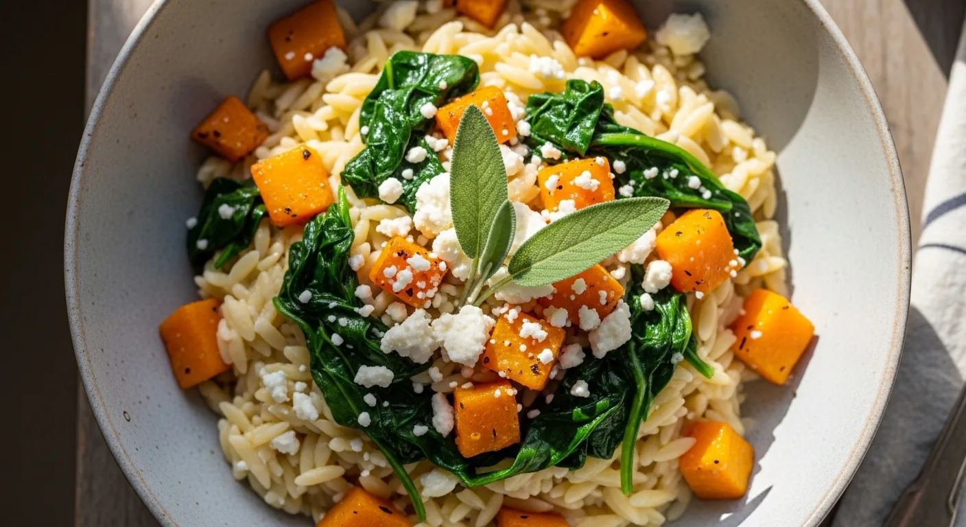 A bowl of roasted butternut squash orzo with spinach and feta cheese.