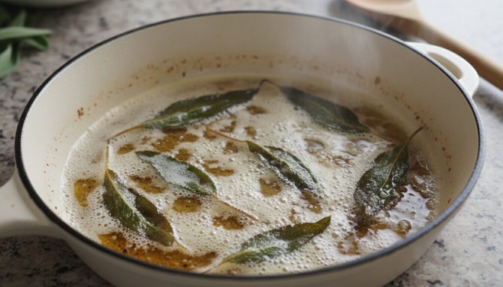 Browning butter with fresh sage in a pan.
