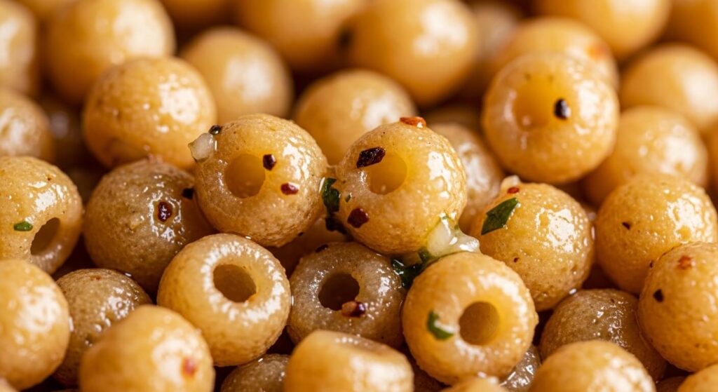 Close up of toasted Sardinian fregola pasta texture.