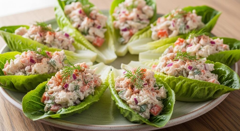 Low carb crab salad served in fresh lettuce cups.