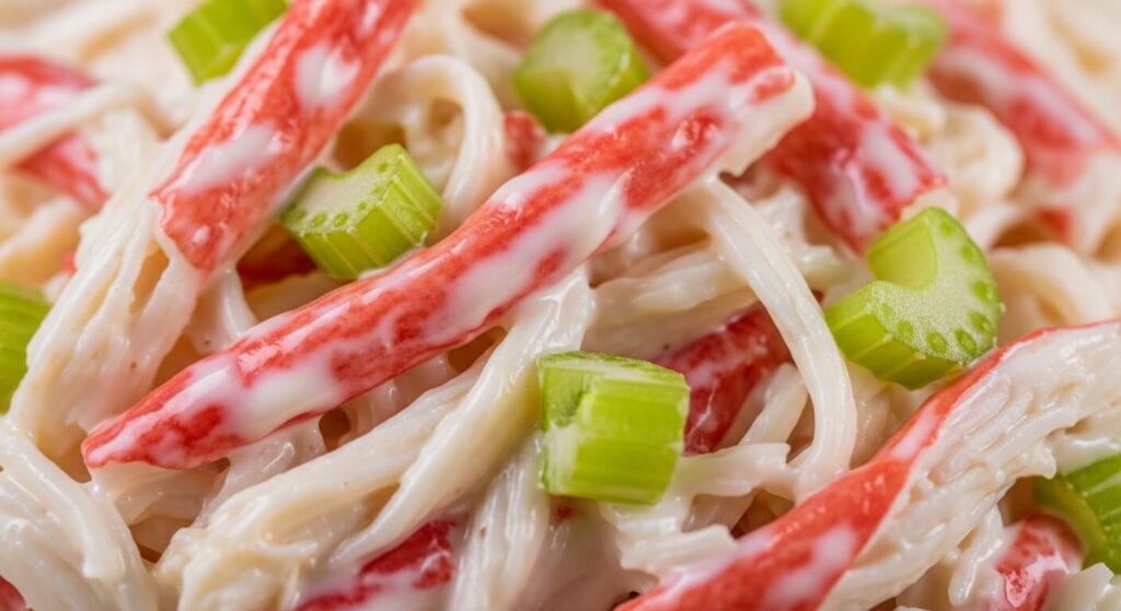 Close-up texture of creamy imitation crab salad with dill.