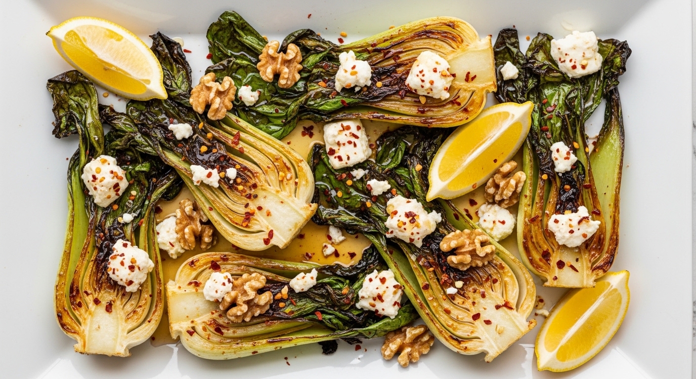 Platter of caramelized garlic bok choy with feta, walnuts, and hot honey drizzle.