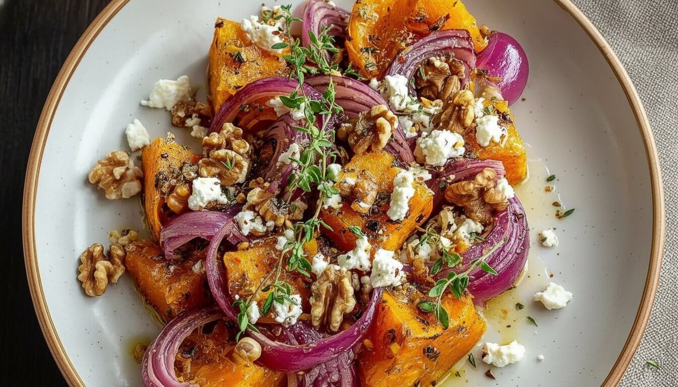 Maple Roasted Butternut Squash with Red Onion, Walnuts, and Feta on a platter.