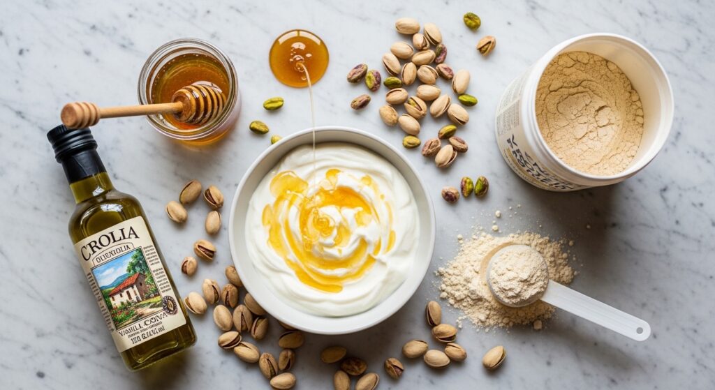 Ingredients for healthy pistachio protein ice cream including Greek yogurt and honey.
