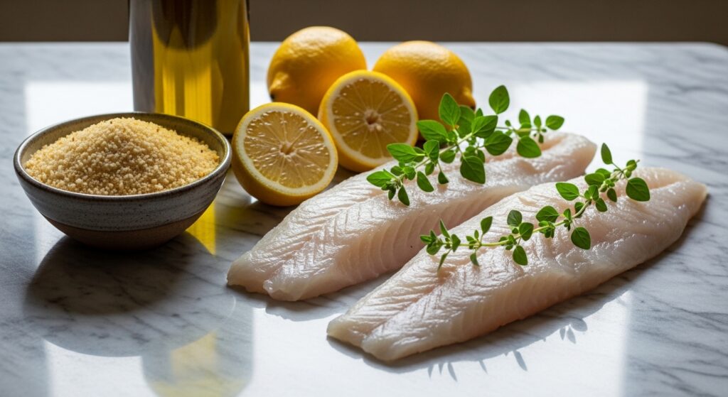 Ingredients for Mediterranean panko crusted fish including cod, olive oil, and herbs.
