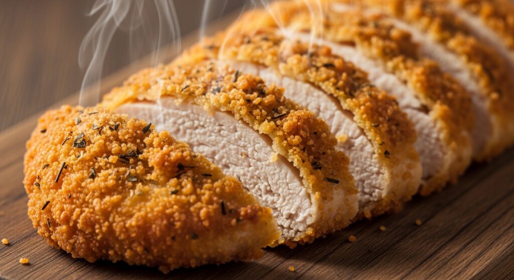 Close-up of sliced baked crispy chicken breaded with Panko and Mediterranean herbs.