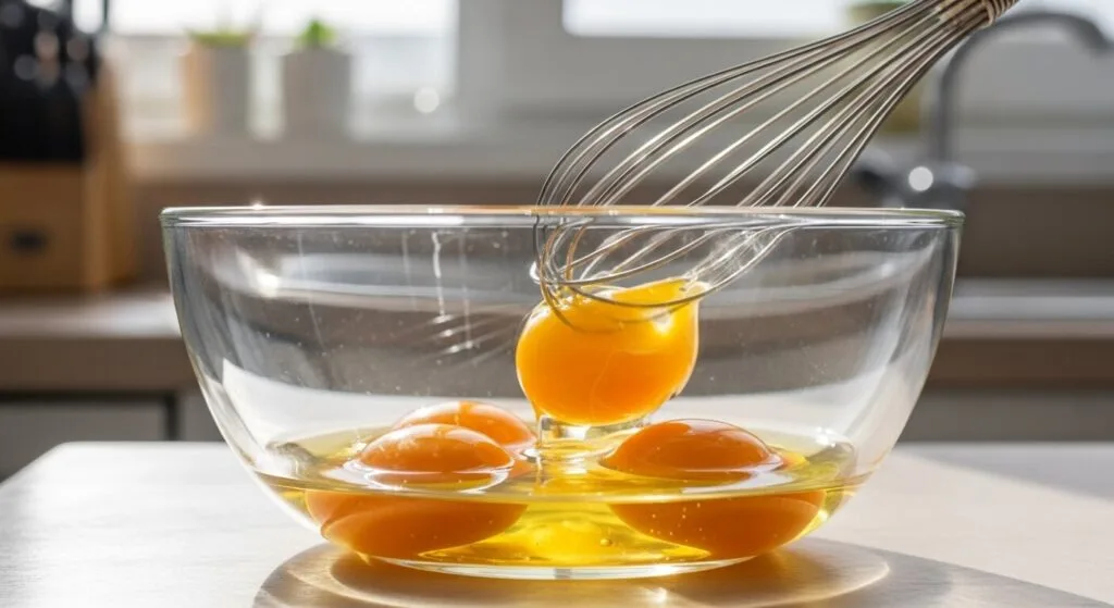 Whisking fresh eggs in a glass bowl for a breakfast scramble.