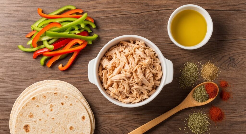 Ingredients for healthy chicken quesadillas including whole wheat tortillas, peppers, and chicken.