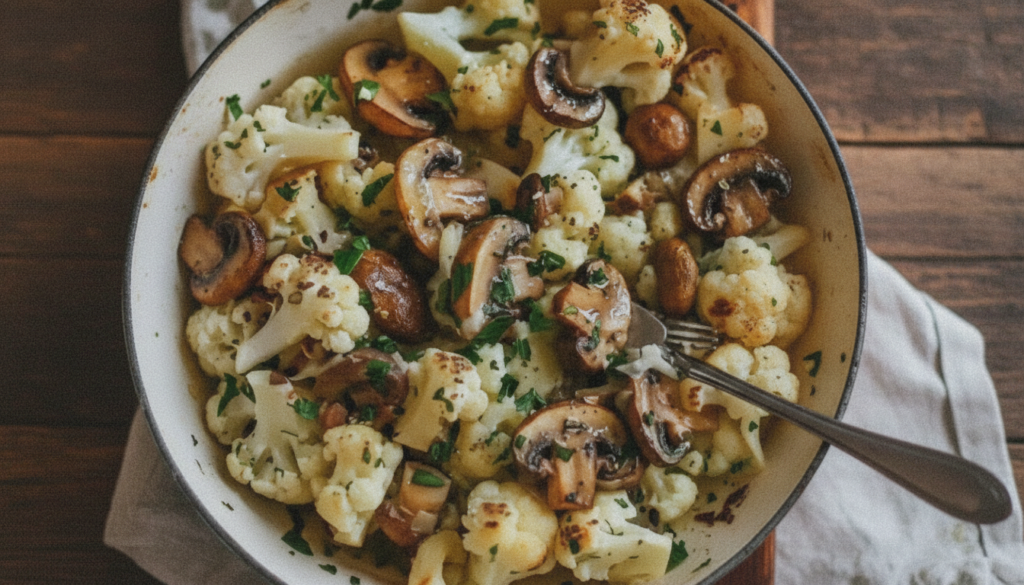 Roasted cauliflower and mushrooms with herbs and feta
