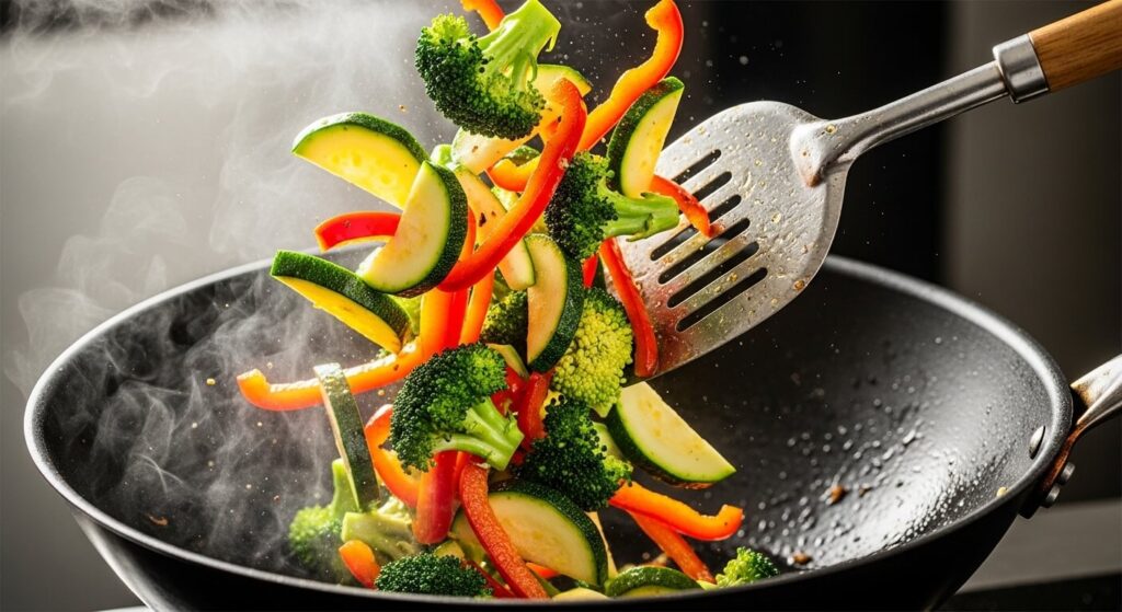 Fresh Mediterranean vegetables being stir-fried in a pan.