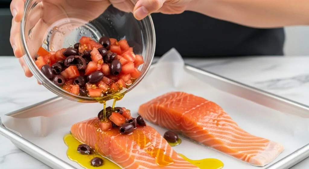 Adding tomato and olive topping to raw fish fillets before baking.
