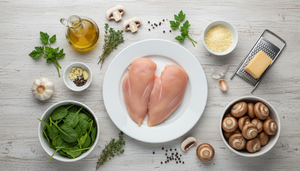 Ingredients for mediterranean chicken spinach and mushroom bake.