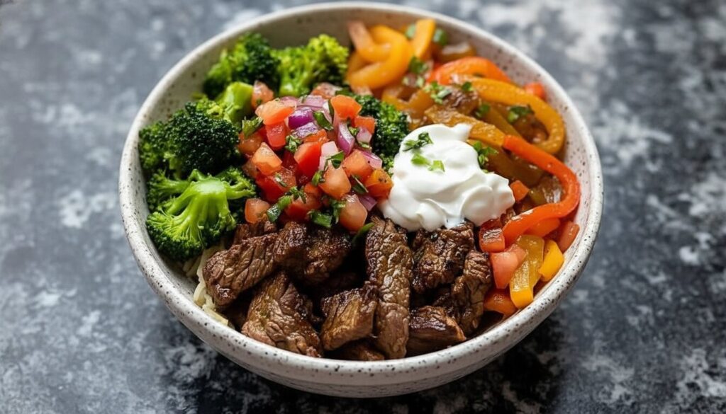A colorful Mediterranean Beef Fajita Bowl with seared steak, peppers, and tzatziki.
