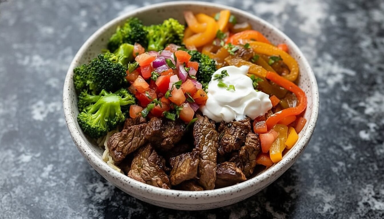 A colorful Mediterranean Beef Fajita Bowl with seared steak, peppers, and tzatziki.
