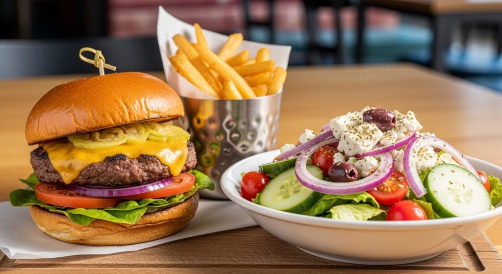 Mediterranean burger served with a side of Greek salad.