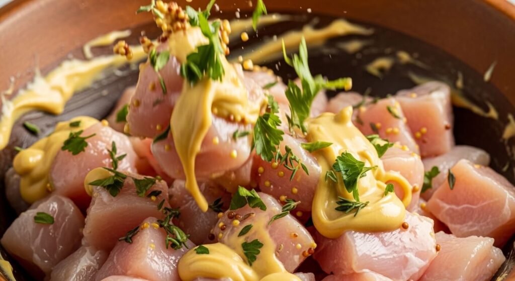 Marinating chicken in lemon dijon sauce.