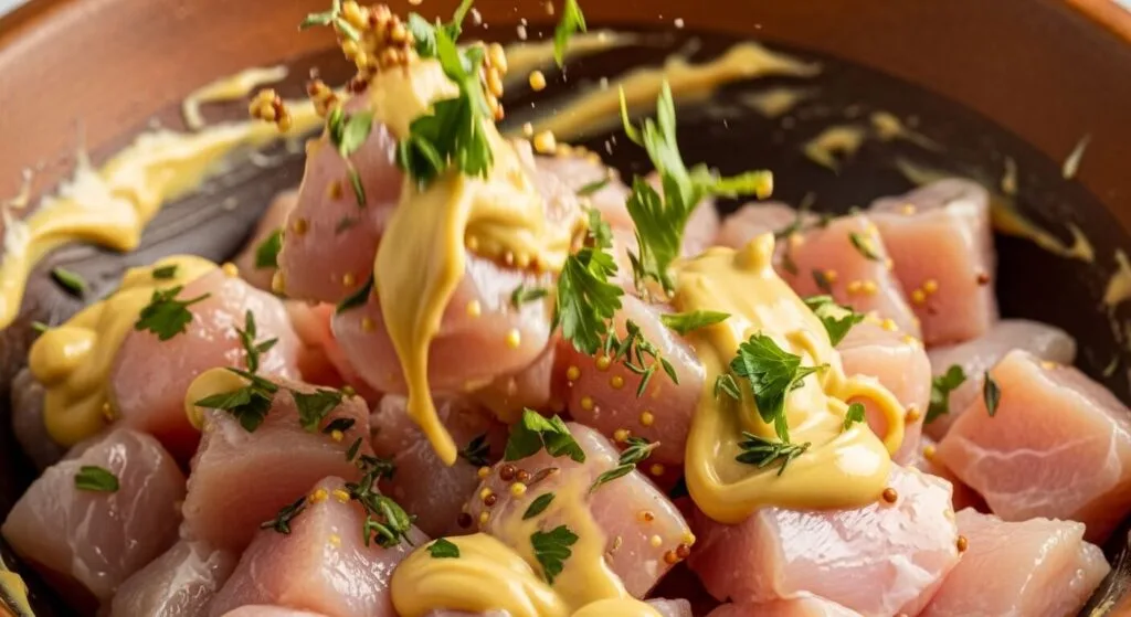 Marinating chicken in lemon dijon sauce.