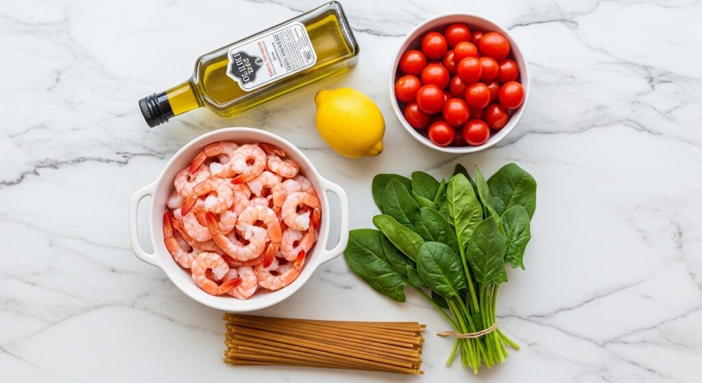 Searing fresh shrimp with garlic in a pan for a Mediterranean recipe.