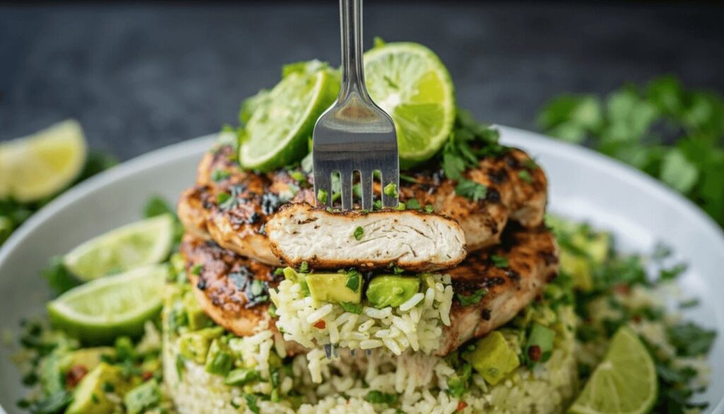 Close up of honey lime chicken and avocado rice bite.