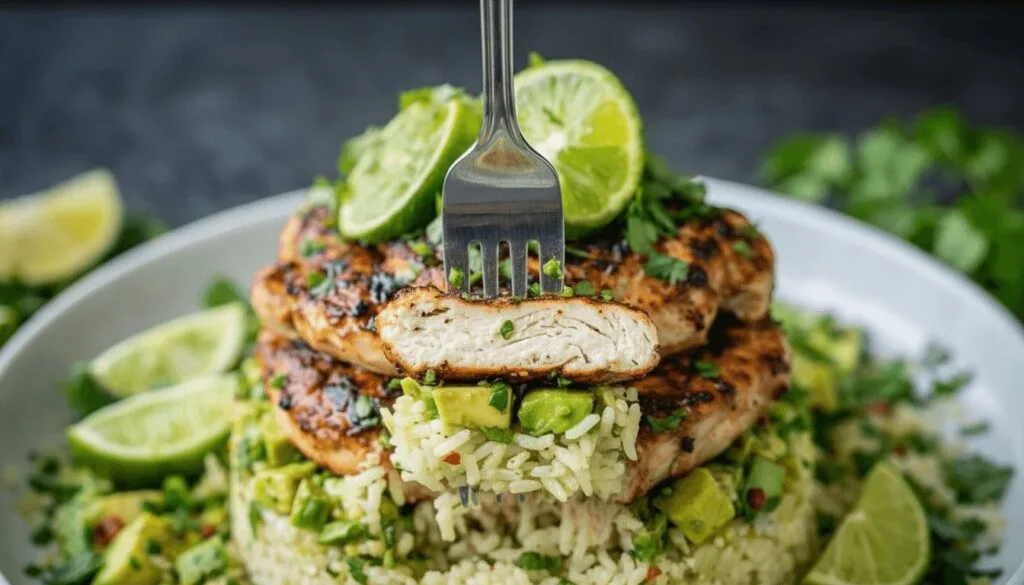 Close up of honey lime chicken and avocado rice bite.