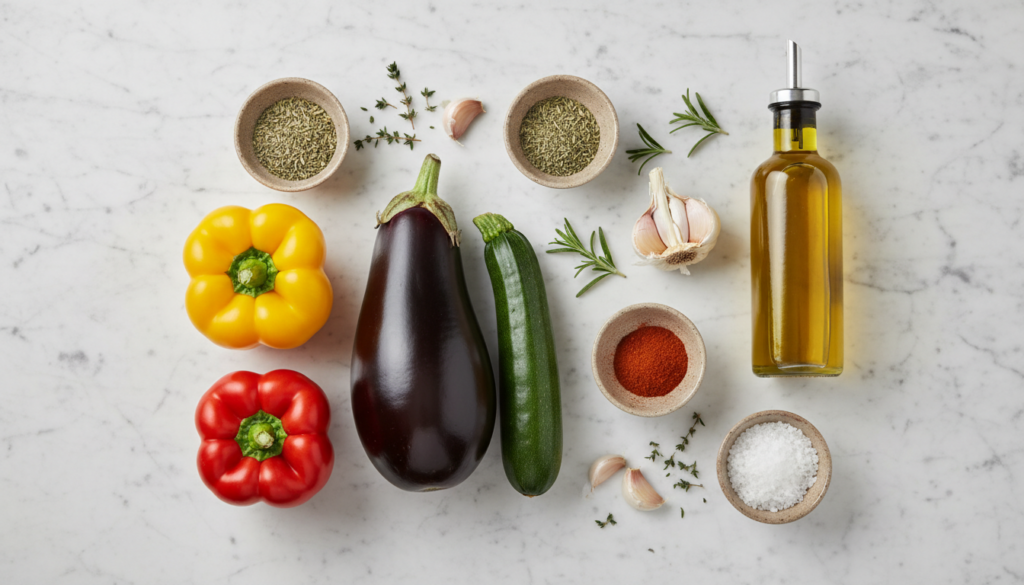 Ingredients for garlic roasted vegetables in oven including peppers, zucchini, and eggplant.