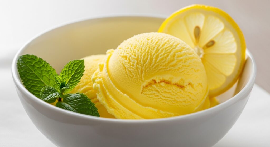 Sugar-free lemon ice cream garnished with mint in a white bowl.