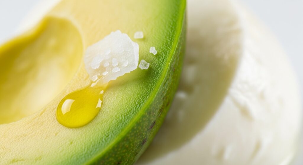 Close-up of creamy avocado and fresh mozzarella with olive oil.