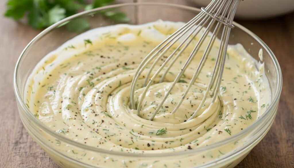 Close up of creamy Greek yogurt potato salad dressing being mixed.