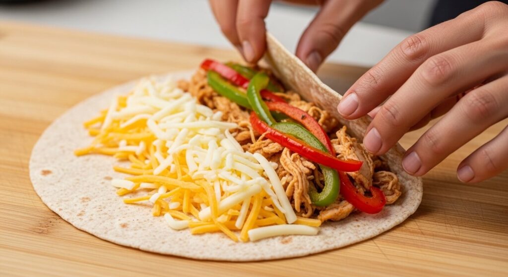 How to assemble a Mediterranean chicken quesadilla with cheese and vegetable filling.
