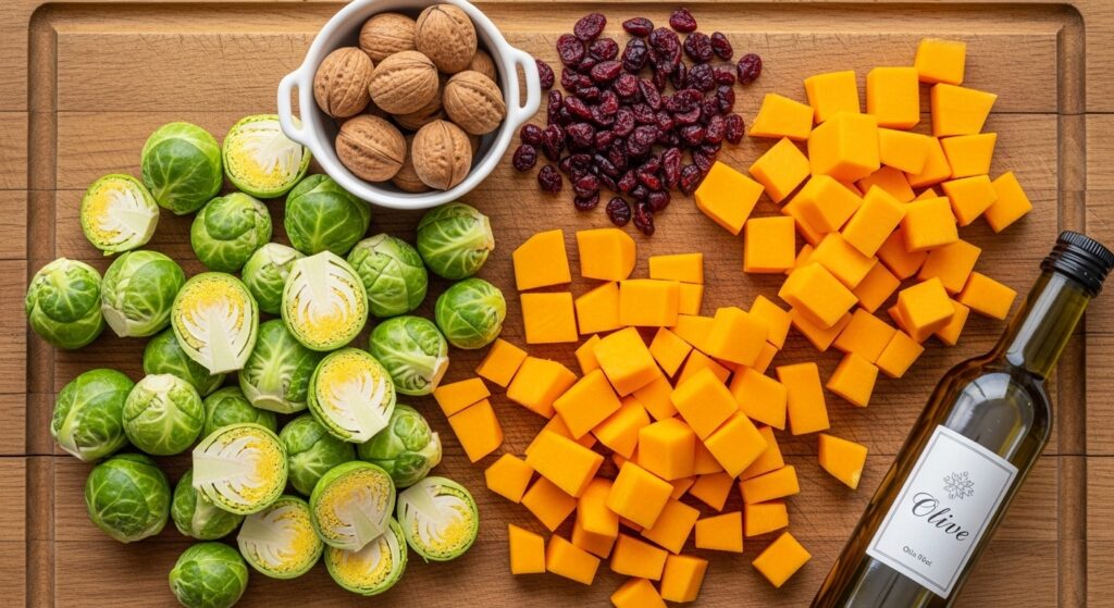 Raw ingredients for roasted brussels sprouts and butternut squash recipe.