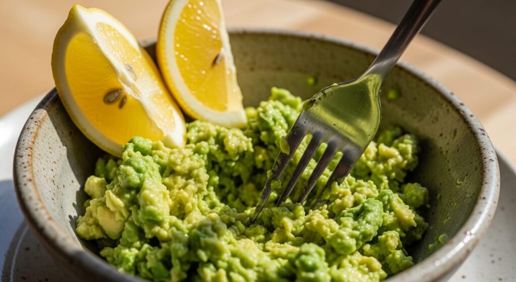 Close-up of mashing a ripe avocado for toast recipe.