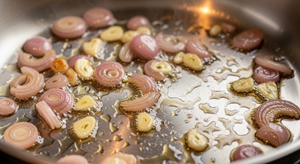 Sautéing shallots and garlic for a Mediterranean seafood bake recipe.