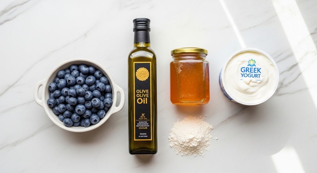 Ingredients for healthy blueberry pancakes including olive oil and Greek yogurt.