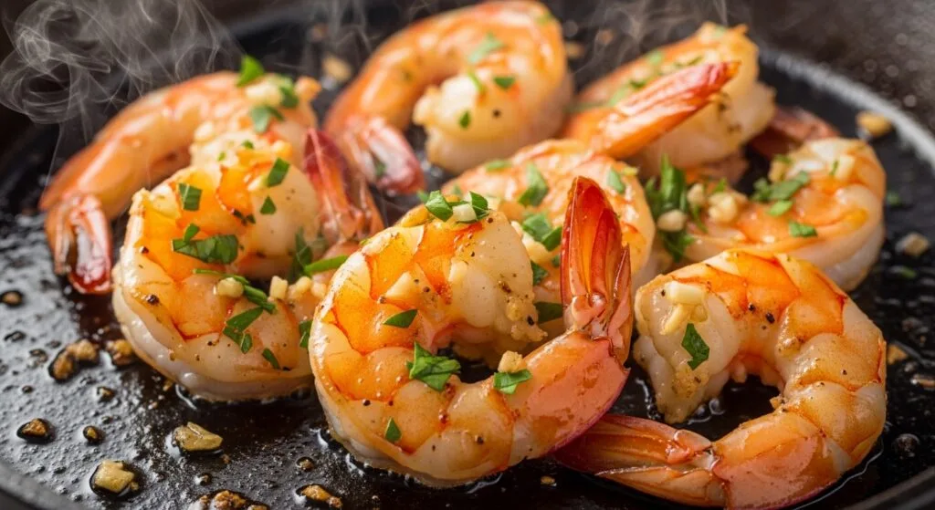 Sautéing garlic shrimp in a pan for a cold pasta salad.