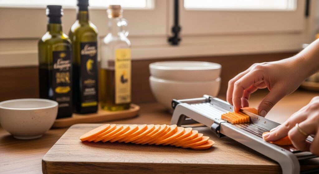 Slicing sweet potatoes evenly with a mandoline for a vegetable bake.
