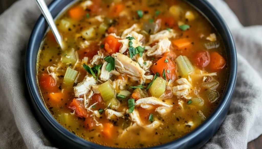 Mediterranean Chicken Vegetable Soup with fresh parsley and lemon.