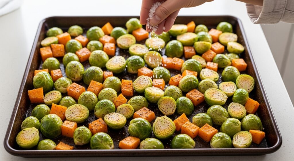Seasoned brussels sprouts and butternut squash on a baking sheet.