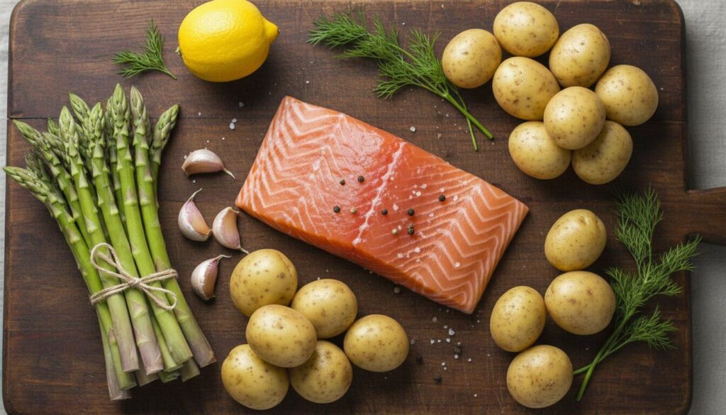 Ingredients for Mediterranean salmon and asparagus dinner.
