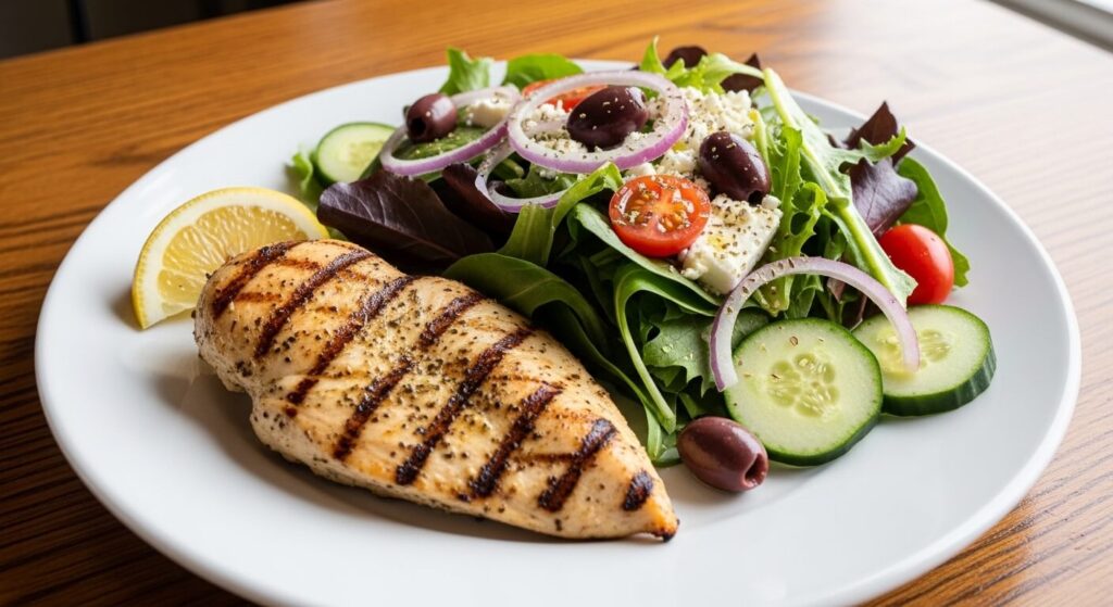 Roasted cauliflower salad served as a side dish for grilled chicken.