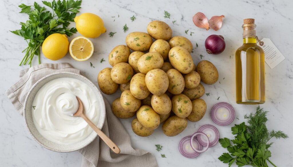 Fresh ingredients for Greek style potato salad including potatoes, yogurt, and herbs.