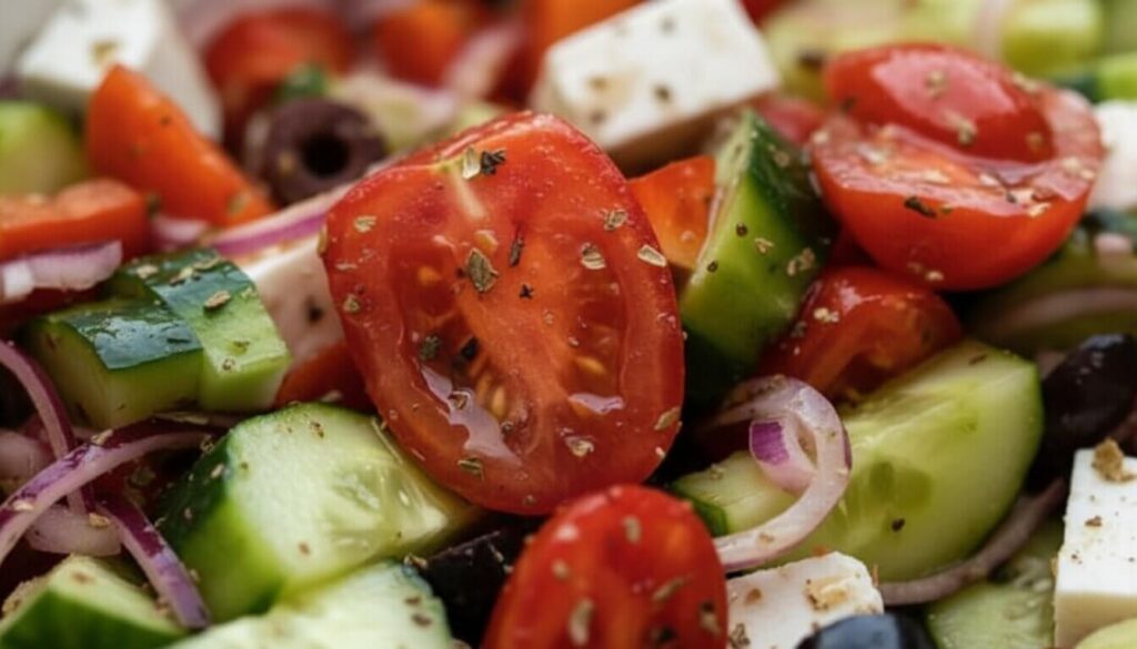 Close-up of fresh tomatoes and cucumbers for Greek salad.
