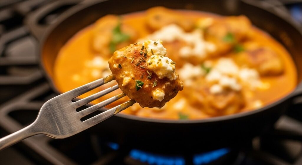 A bite of feta garlic butter chicken on a fork.