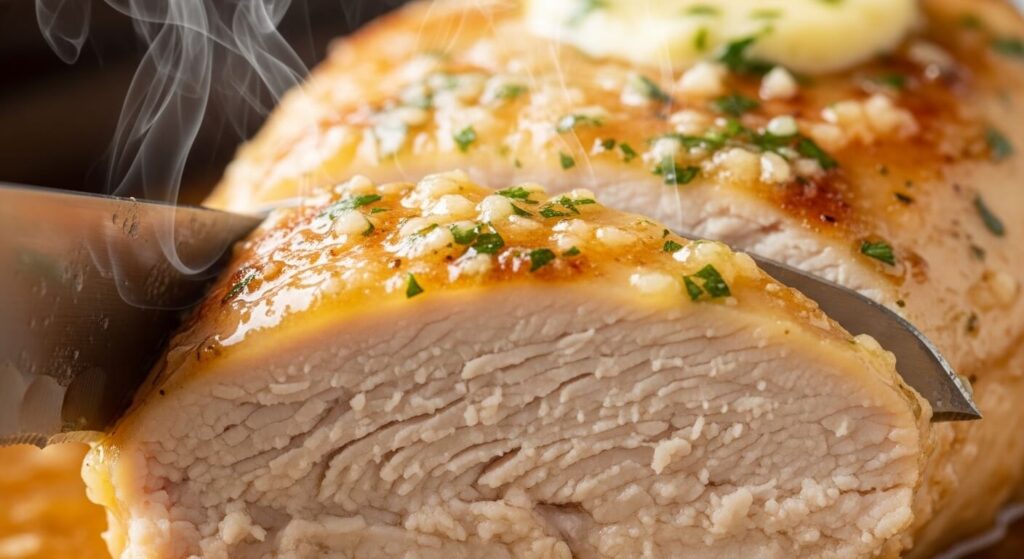 Close up of juicy sliced garlic butter chicken.