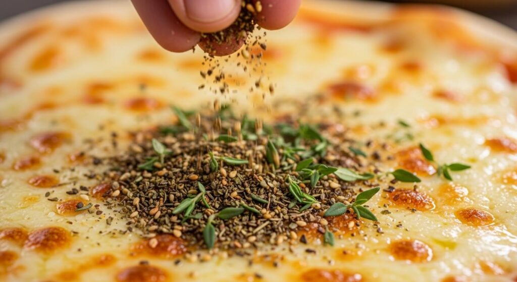 Sprinkling za’atar and thyme on cheese for a Mediterranean twist.