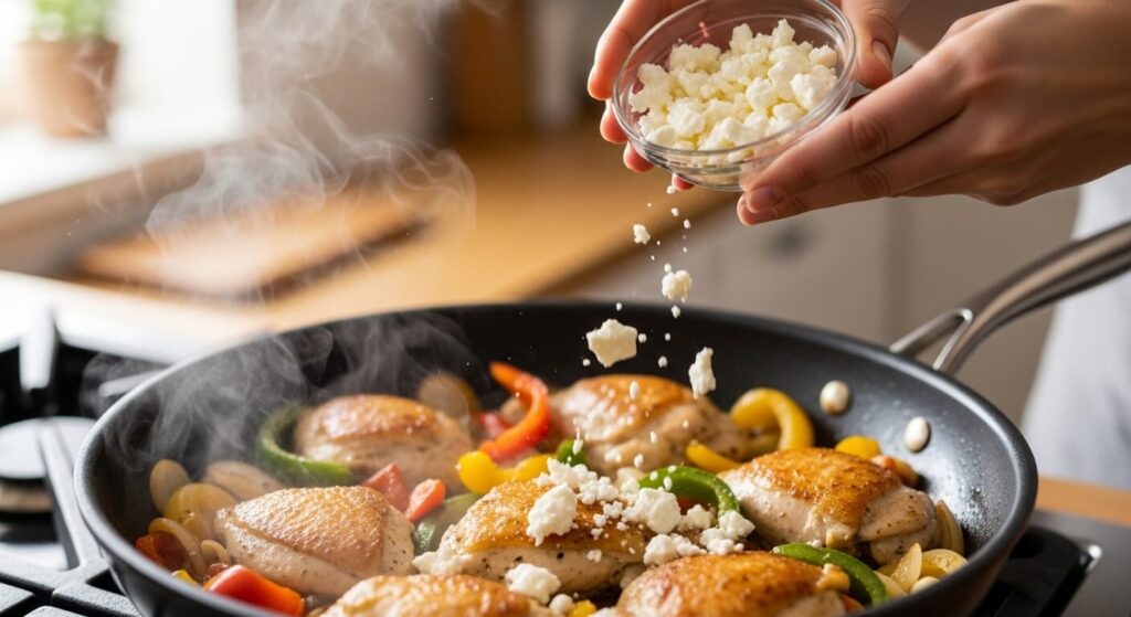 Adding feta cheese to Mediterranean chicken recipe.