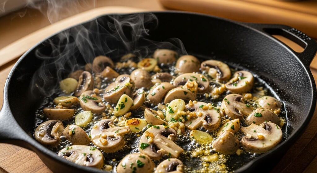 Sautéing cremini mushrooms with garlic and herbs in a pan.
