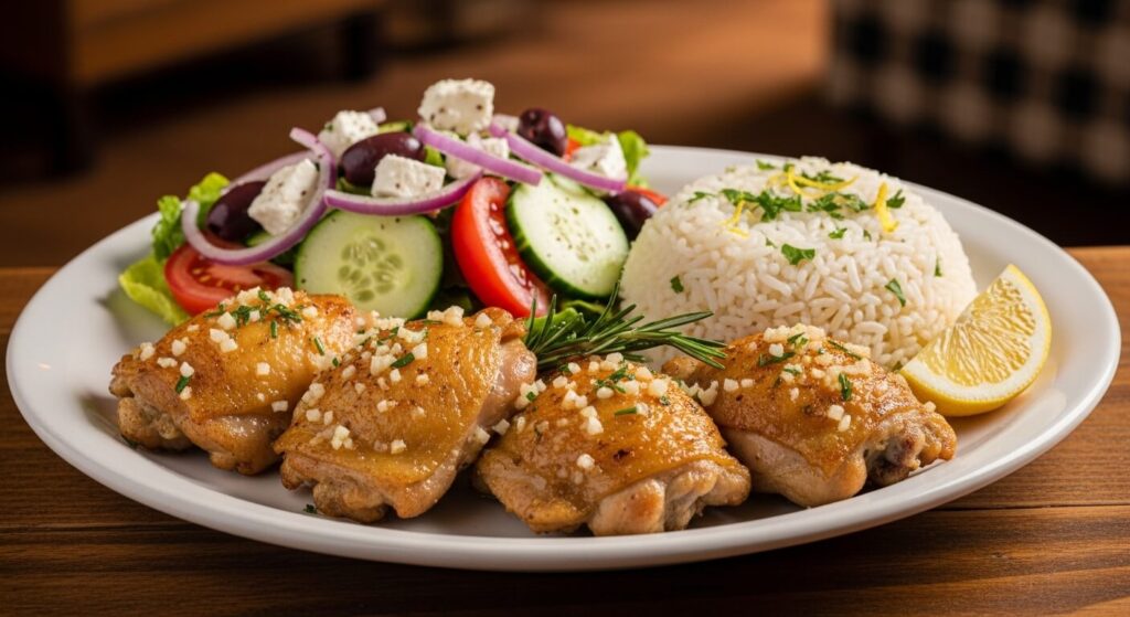 Plated Mediterranean garlic butter chicken with lemon rice and salad.