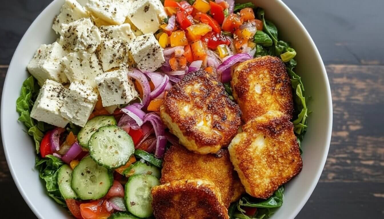 Slices of halloumi cheese being pan-fried until golden brown for a Mediterranean salad.