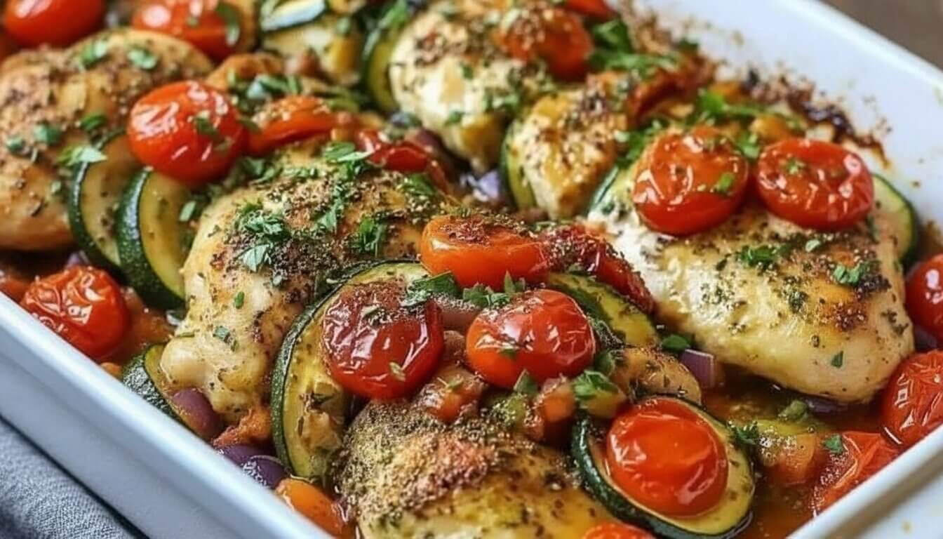Mediterranean Chicken Zucchini Bake in a white baking dish.