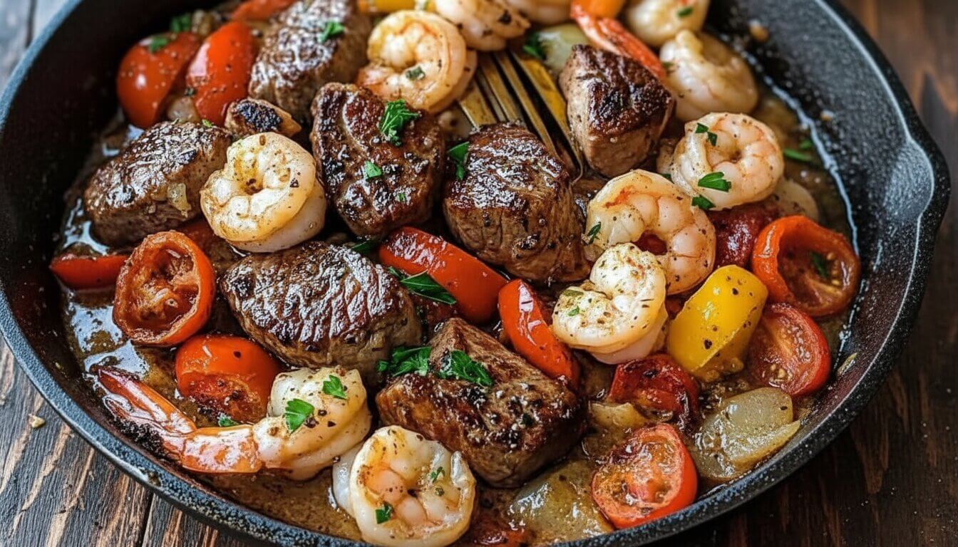Close-up of Mediterranean garlic butter steak and shrimp skillet with tomatoes and peppers.